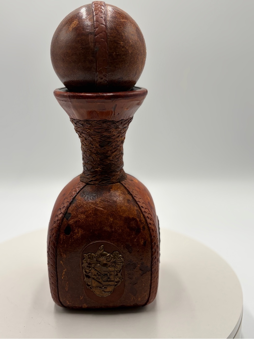 Handcrafted Brown Leather Decanter Made In Italy- Home Art Accent